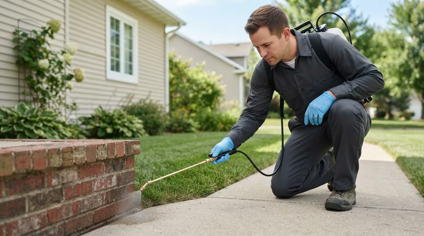 Pest control technician treating a home near Farmington, ME