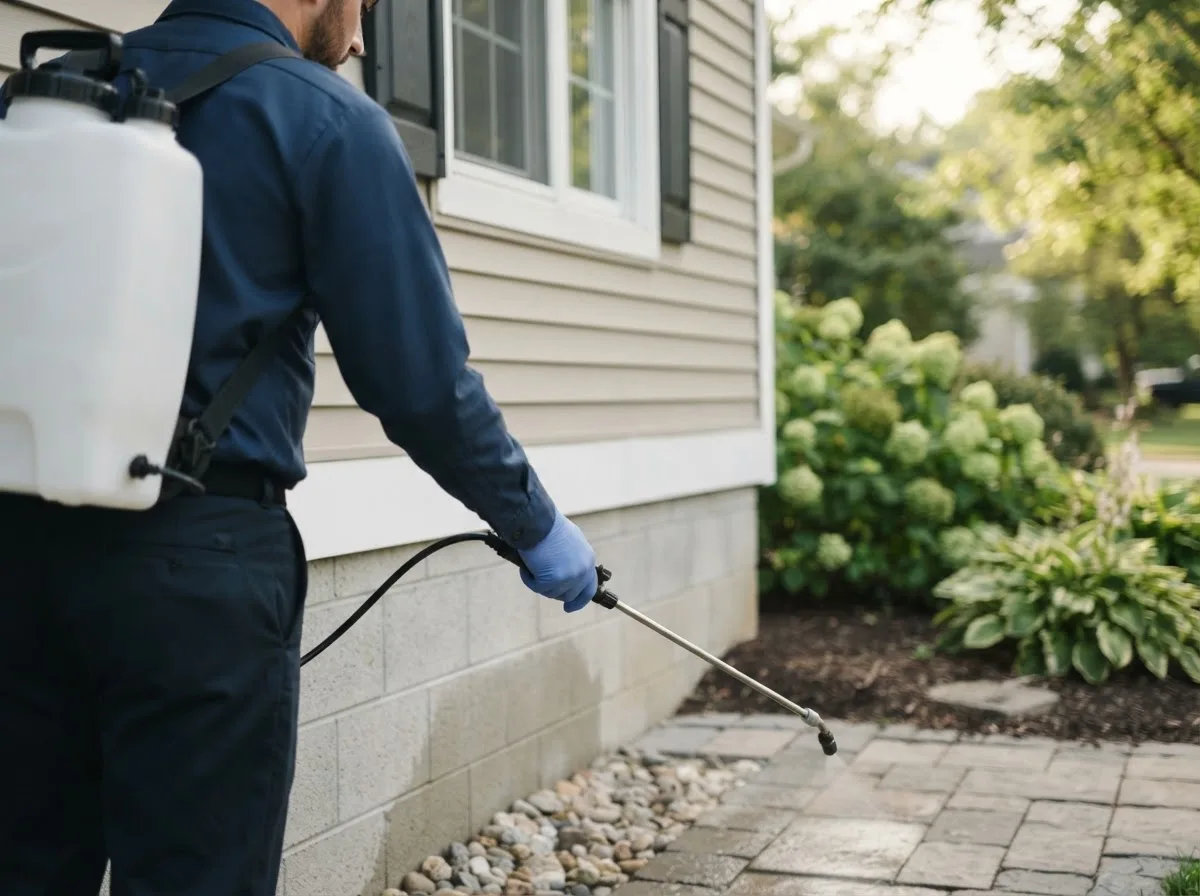 Pest control technician inspecting a home in Farmington, ME